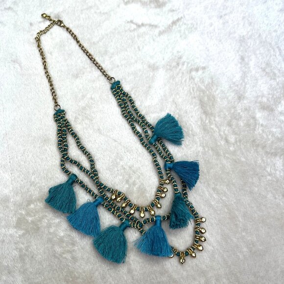 Bluma Project Luna Necklace Blue Tassel Gold Tone Triple Strand Statement - Picture 4 of 7